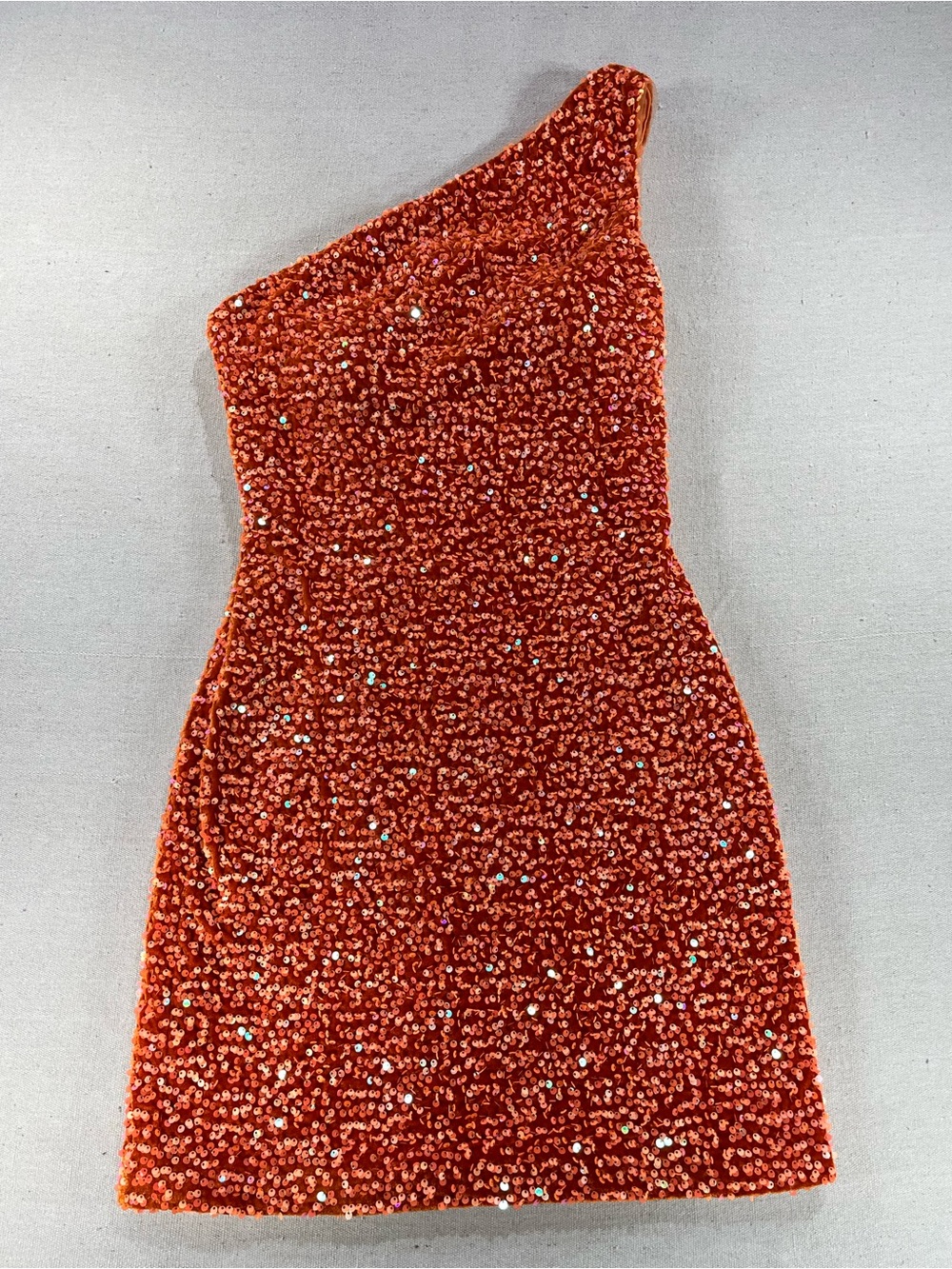 Full Sequin Mini Cocktail Dress, Orange, Asymmetrical Shoulder, Sz 8, NWOT